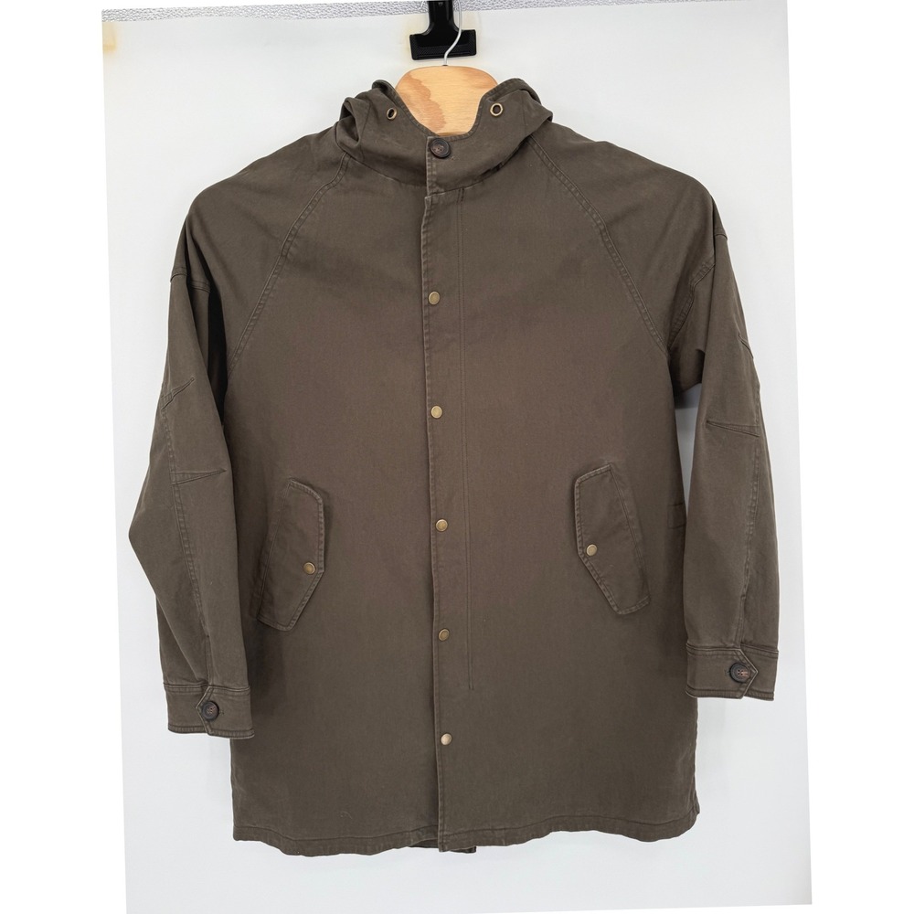 MADEPANTS Parka Jacket Mens Large Olive Green Cotton Twill Hooded Fishtail Hem
